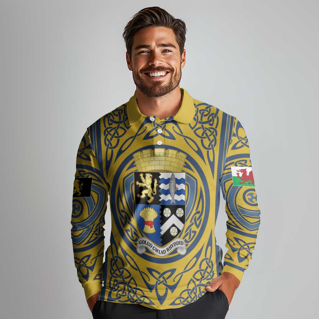 Personalized Cardiganshire Wales Long Sleeve Polo Shirt Ceredigion Coat of Arms Celtic Design - Wonder Print Shop