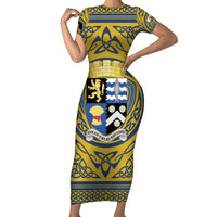 Personalized Cardiganshire Wales Short Sleeve Bodycon Dress Ceredigion Coat of Arms Celtic Design - Wonder Print Shop