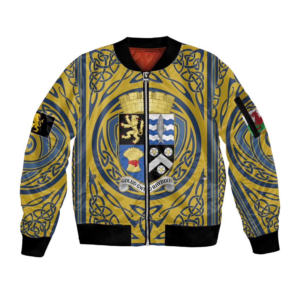 Personalized Cardiganshire Wales Sleeve Zip Bomber Jacket Ceredigion Coat of Arms Celtic Design - Wonder Print Shop
