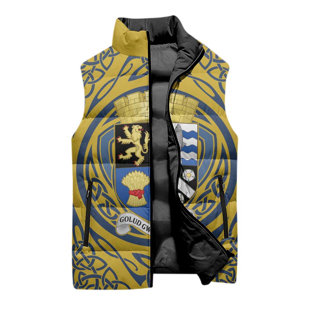 Personalized Cardiganshire Wales Sleeveless Puffer Jacket Ceredigion Coat of Arms Celtic Design - Wonder Print Shop