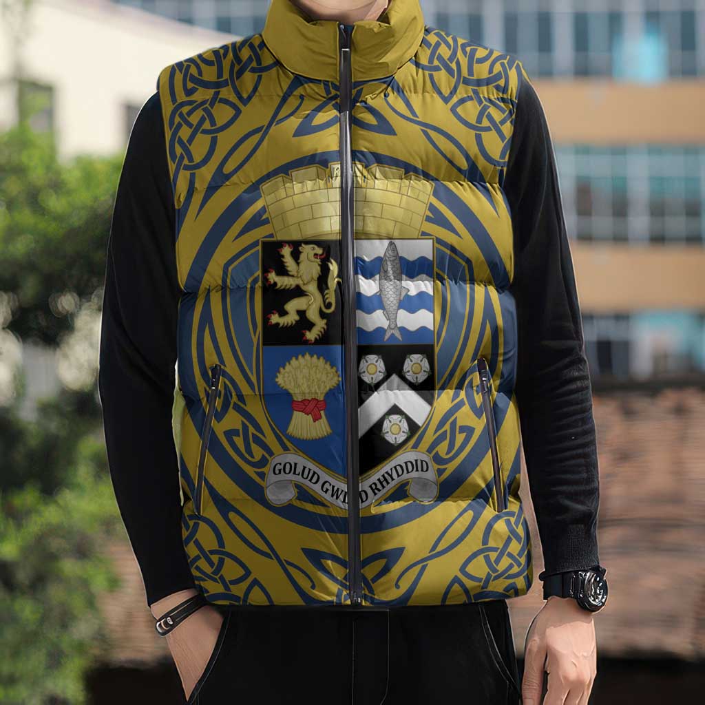 Personalized Cardiganshire Wales Sleeveless Puffer Jacket Ceredigion Coat of Arms Celtic Design - Wonder Print Shop