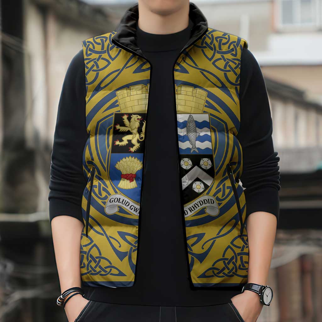 Personalized Cardiganshire Wales Sleeveless Puffer Jacket Ceredigion Coat of Arms Celtic Design - Wonder Print Shop