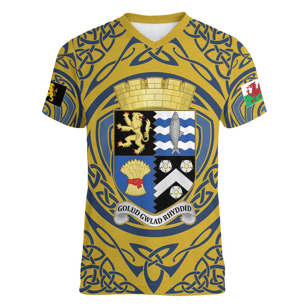 Personalized Cardiganshire Wales Women V-Neck T-Shirt Ceredigion Coat of Arms Celtic Design - Wonder Print Shop