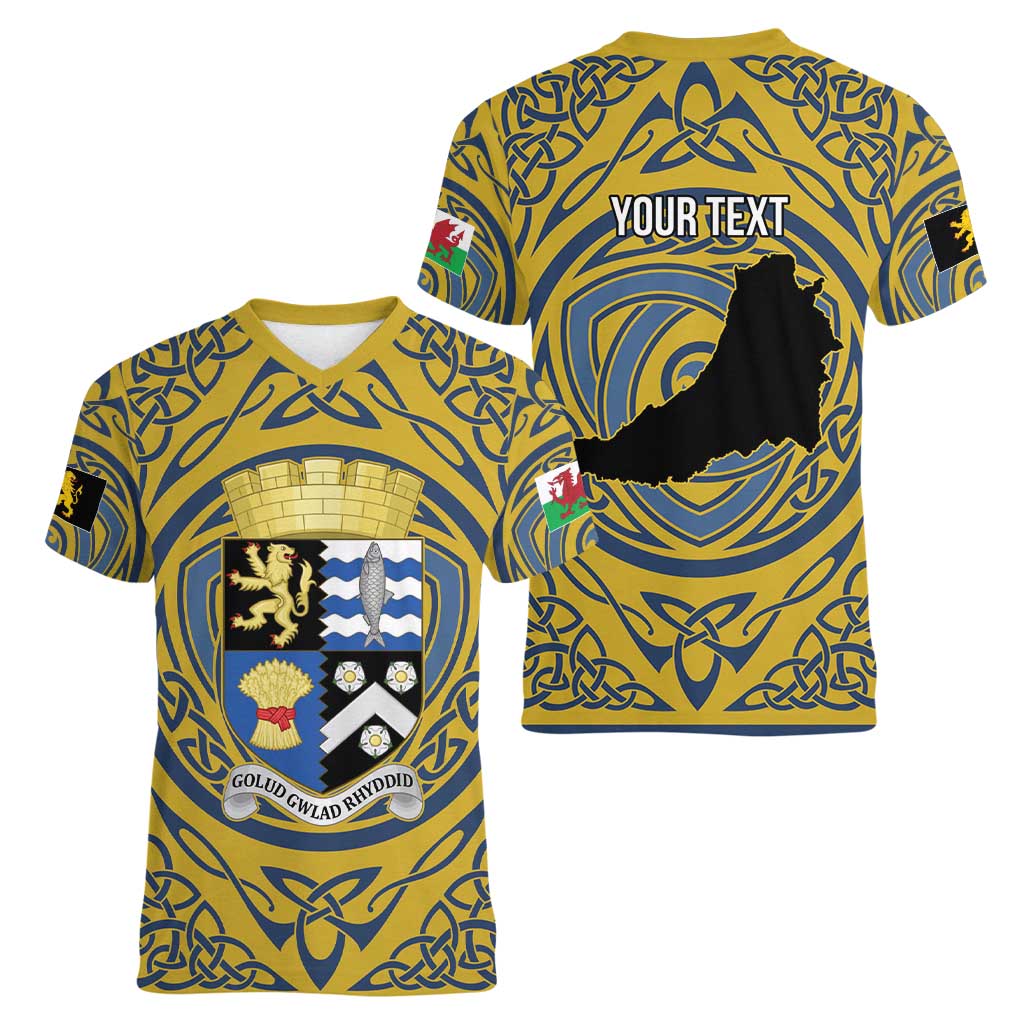 Personalized Cardiganshire Wales Women V-Neck T-Shirt Ceredigion Coat of Arms Celtic Design - Wonder Print Shop