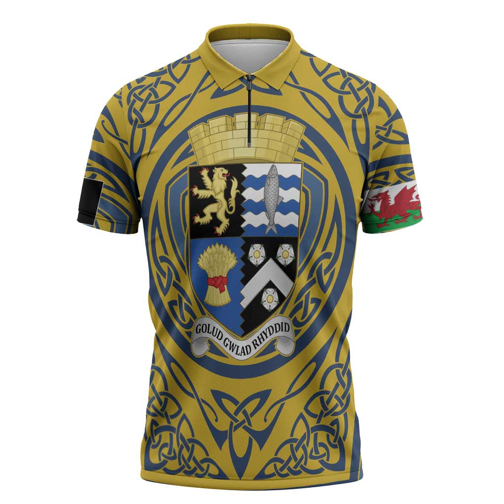 Personalized Cardiganshire Wales Zipper Polo Shirt Ceredigion Coat of Arms Celtic Design - Wonder Print Shop