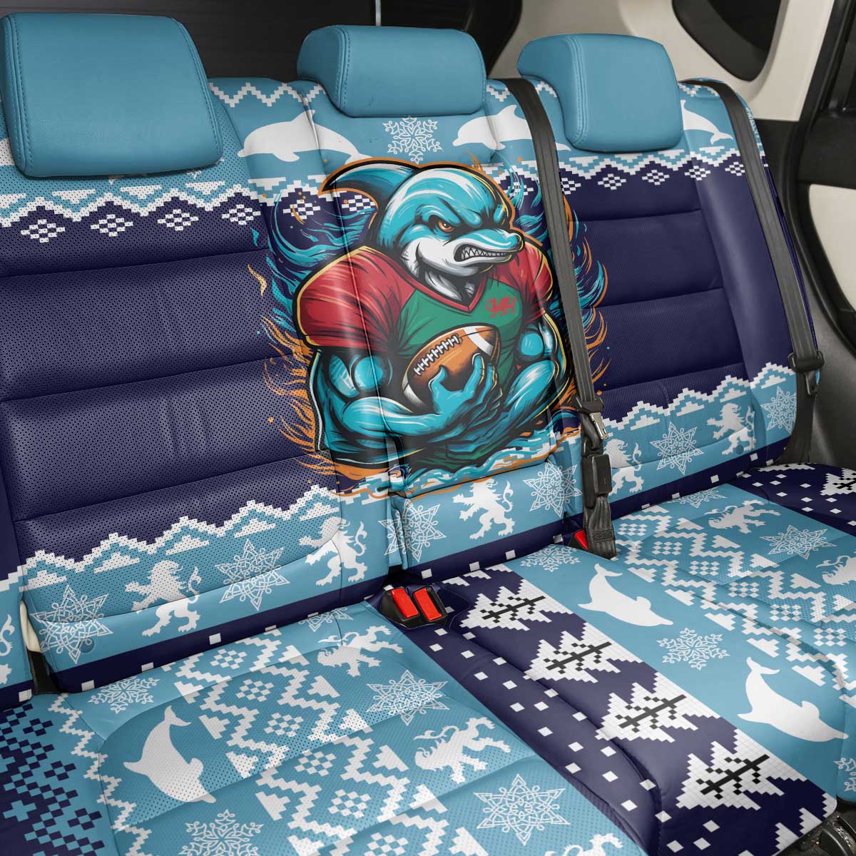 Cardiganshire Wales Christmas Back Car Seat Cover Cardigan Bay Dolphin Rugby Design - Wonder Print Shop