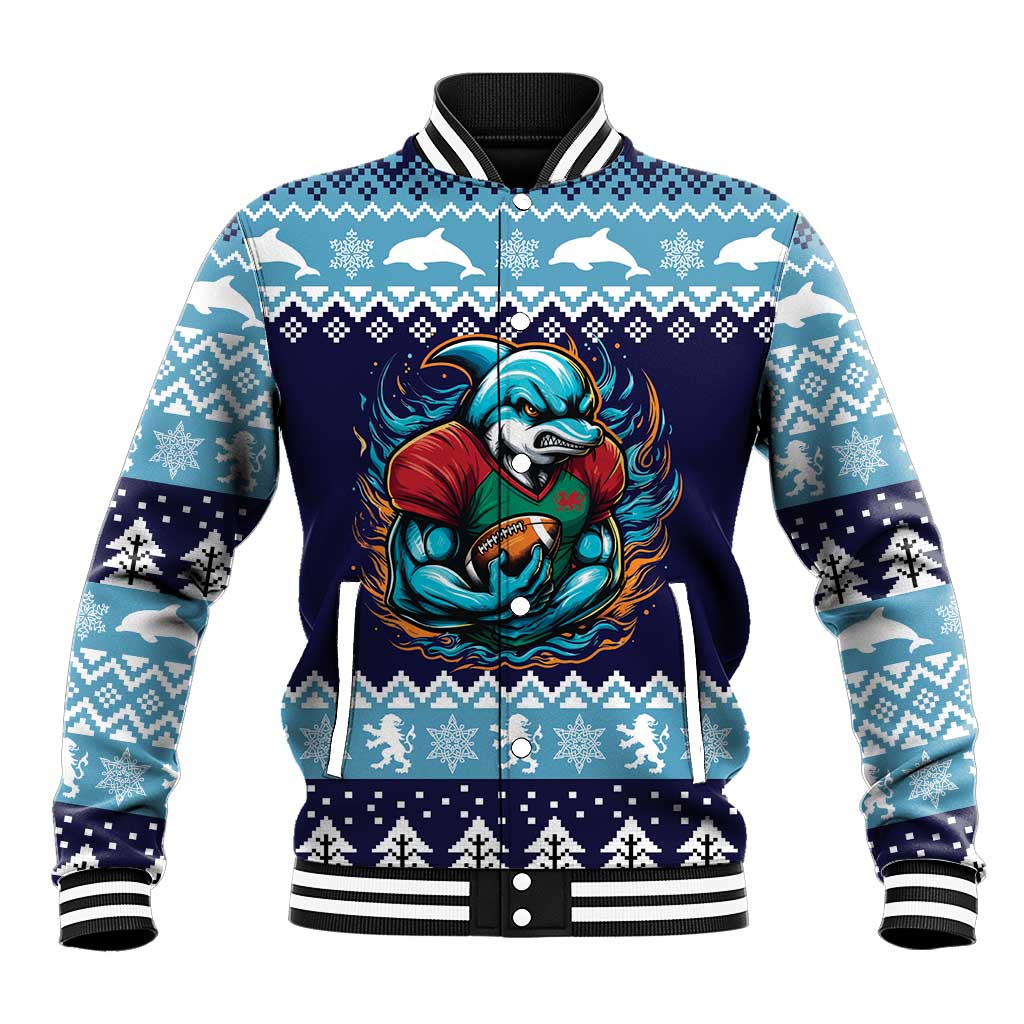 Cardiganshire Wales Christmas Baseball Jacket Cardigan Bay Dolphin Rugby Design - Wonder Print Shop