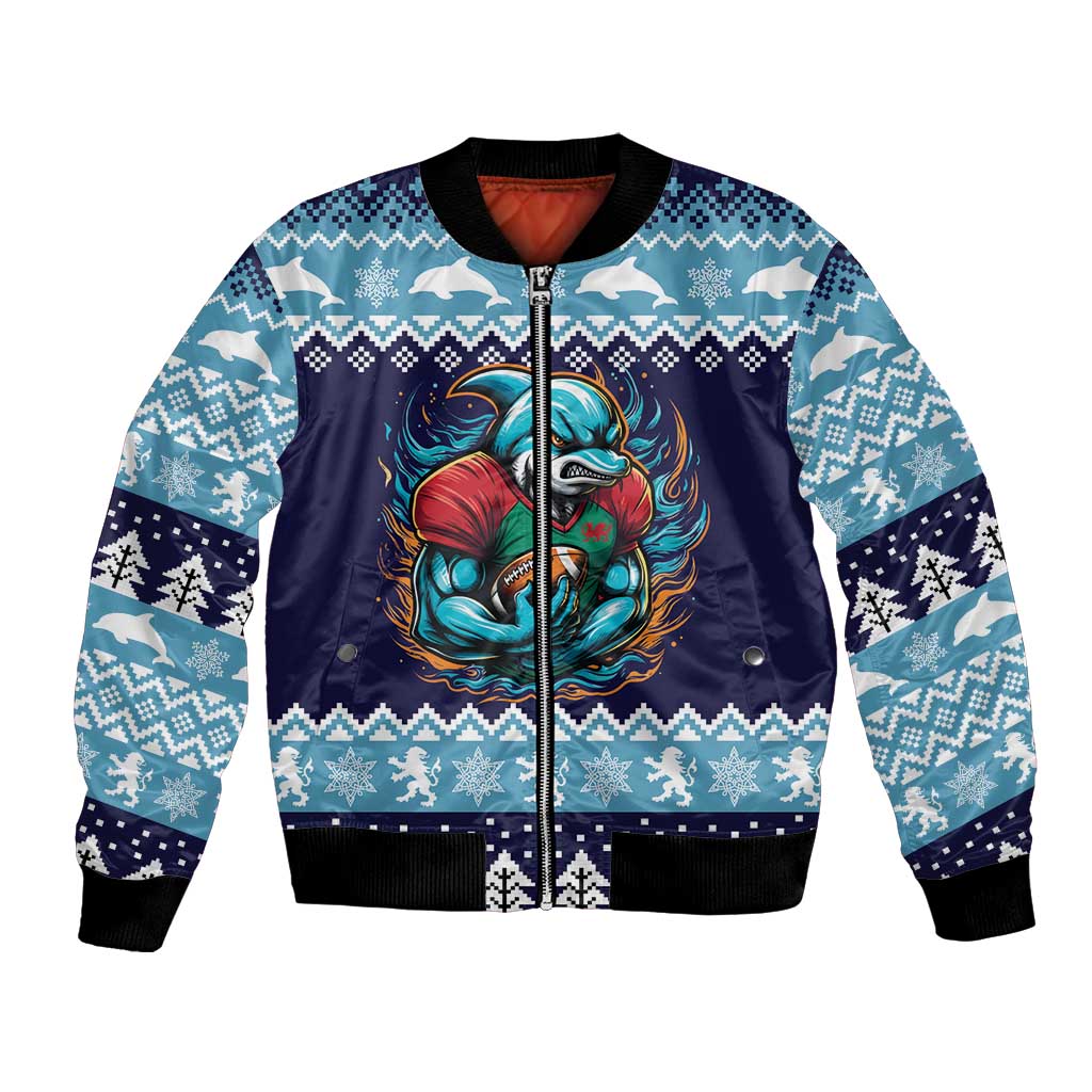 Cardiganshire Wales Christmas Bomber Jacket Cardigan Bay Dolphin Rugby Design - Wonder Print Shop
