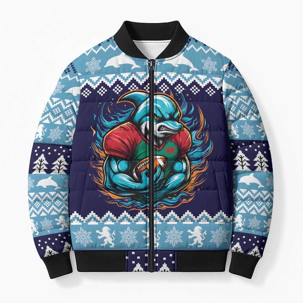 Cardiganshire Wales Christmas Bomber Puffer Jacket Cardigan Bay Dolphin Rugby Design - Wonder Print Shop