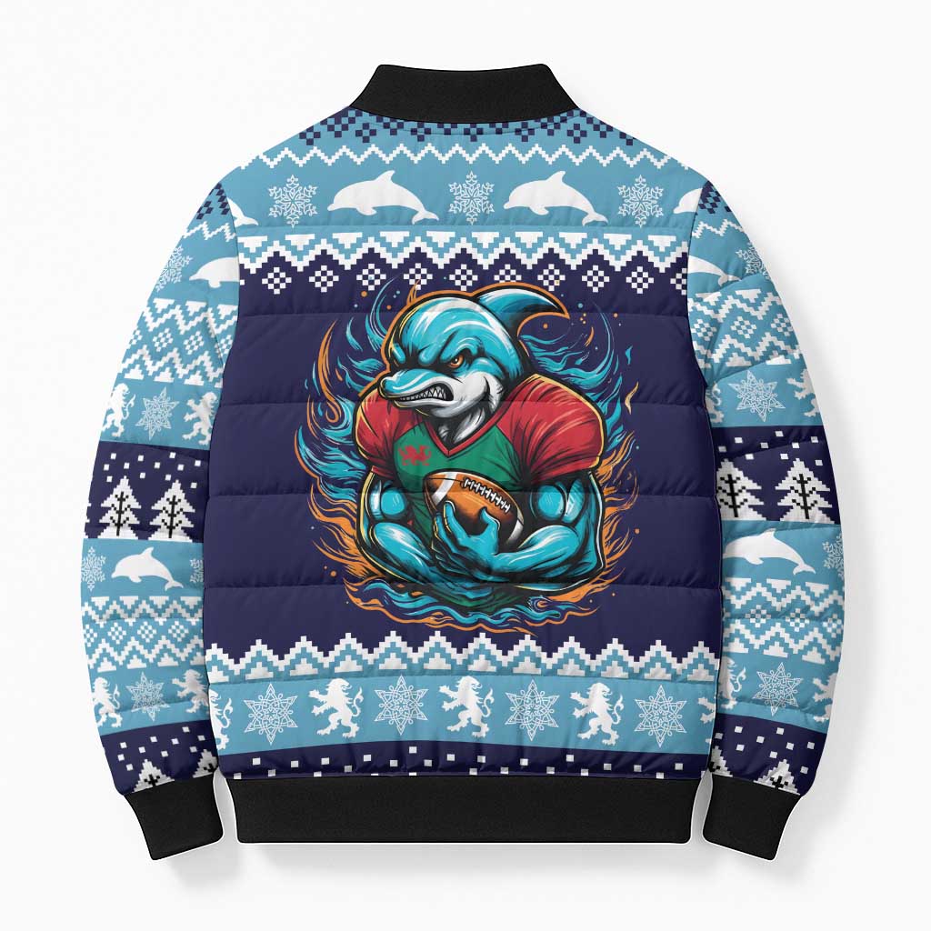 Cardiganshire Wales Christmas Bomber Puffer Jacket Cardigan Bay Dolphin Rugby Design - Wonder Print Shop
