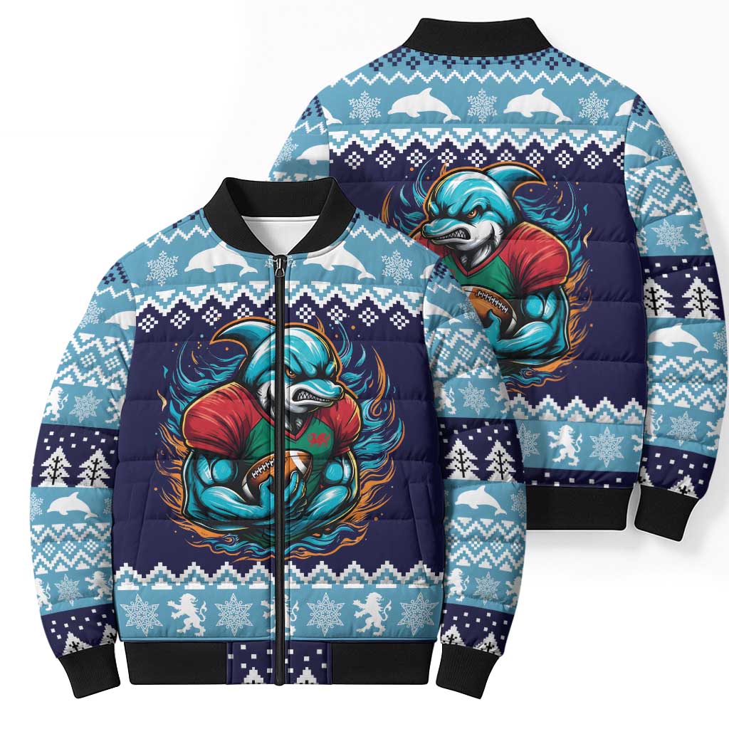Cardiganshire Wales Christmas Bomber Puffer Jacket Cardigan Bay Dolphin Rugby Design - Wonder Print Shop