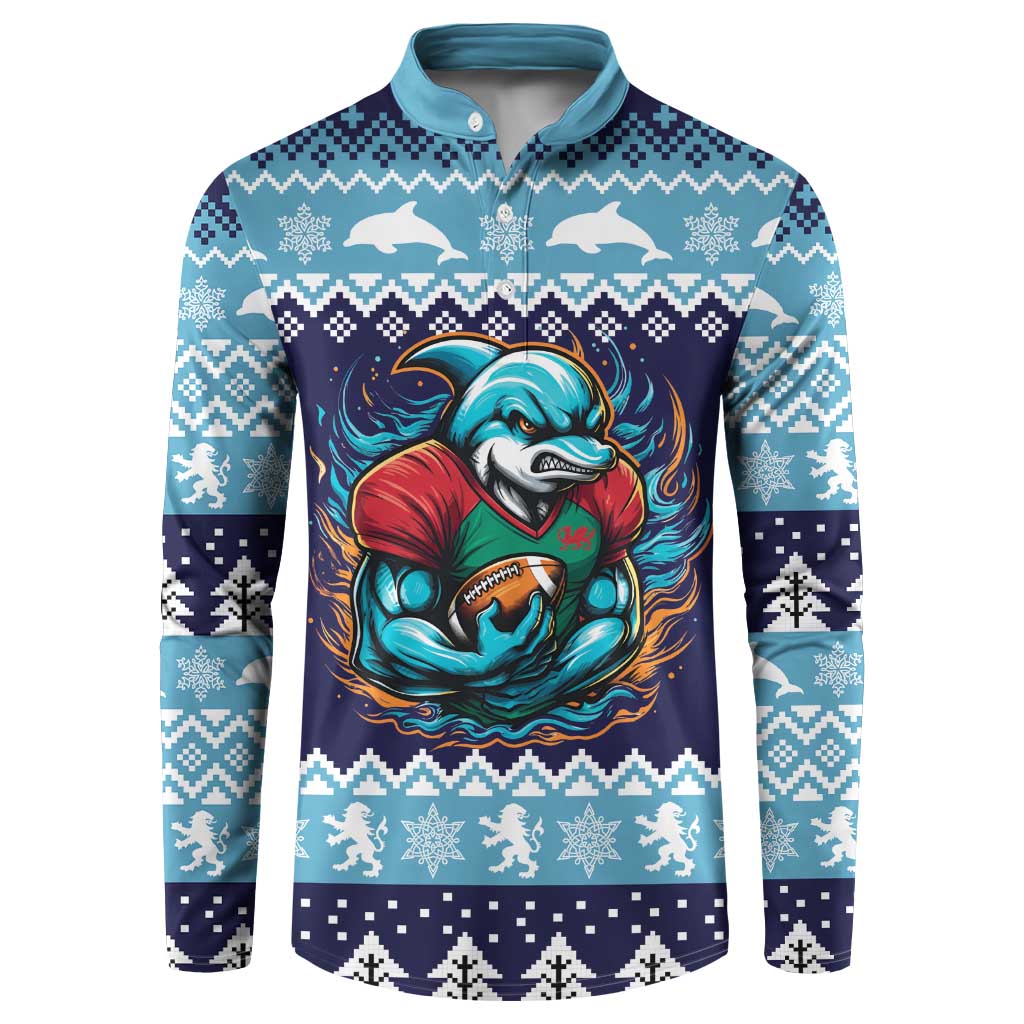 Cardiganshire Wales Christmas Button Sweatshirt Cardigan Bay Dolphin Rugby Design - Wonder Print Shop