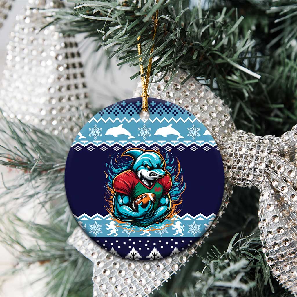 Cardiganshire Wales Christmas Ceramic Ornament Cardigan Bay Dolphin Rugby Design - Wonder Print Shop