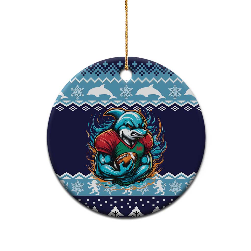 Cardiganshire Wales Christmas Ceramic Ornament Cardigan Bay Dolphin Rugby Design - Wonder Print Shop