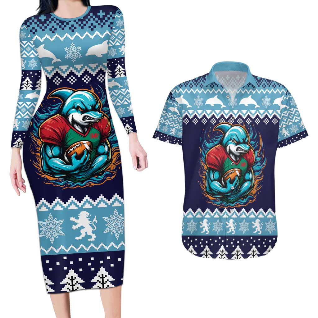 Cardiganshire Wales Christmas Couples Matching Long Sleeve Bodycon Dress and Hawaiian Shirt Cardigan Bay Dolphin Rugby Design - Wonder Print Shop