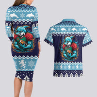 Cardiganshire Wales Christmas Couples Matching Long Sleeve Bodycon Dress and Hawaiian Shirt Cardigan Bay Dolphin Rugby Design - Wonder Print Shop
