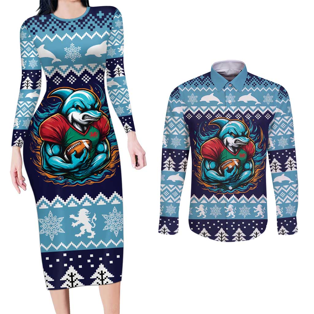 Cardiganshire Wales Christmas Couples Matching Long Sleeve Bodycon Dress and Long Sleeve Button Shirt Cardigan Bay Dolphin Rugby Design - Wonder Print Shop