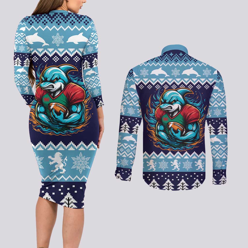 Cardiganshire Wales Christmas Couples Matching Long Sleeve Bodycon Dress and Long Sleeve Button Shirt Cardigan Bay Dolphin Rugby Design - Wonder Print Shop