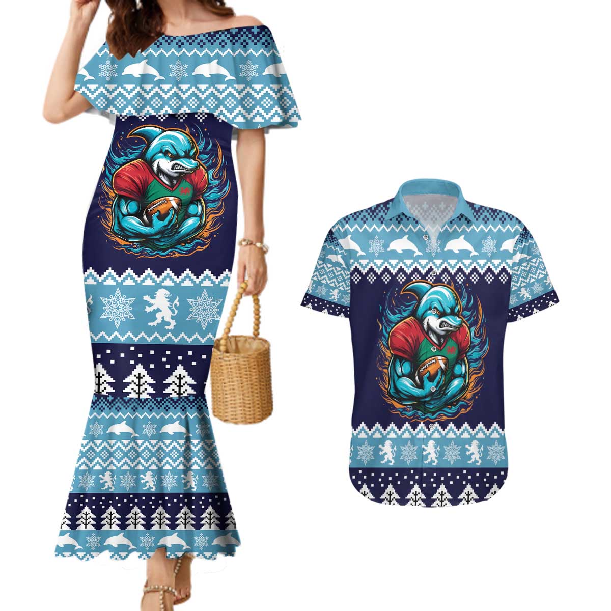 Cardiganshire Wales Christmas Couples Matching Mermaid Dress and Hawaiian Shirt Cardigan Bay Dolphin Rugby Design - Wonder Print Shop