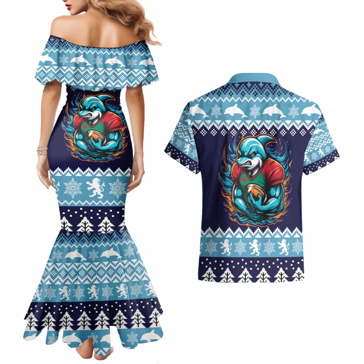 Cardiganshire Wales Christmas Couples Matching Mermaid Dress and Hawaiian Shirt Cardigan Bay Dolphin Rugby Design - Wonder Print Shop