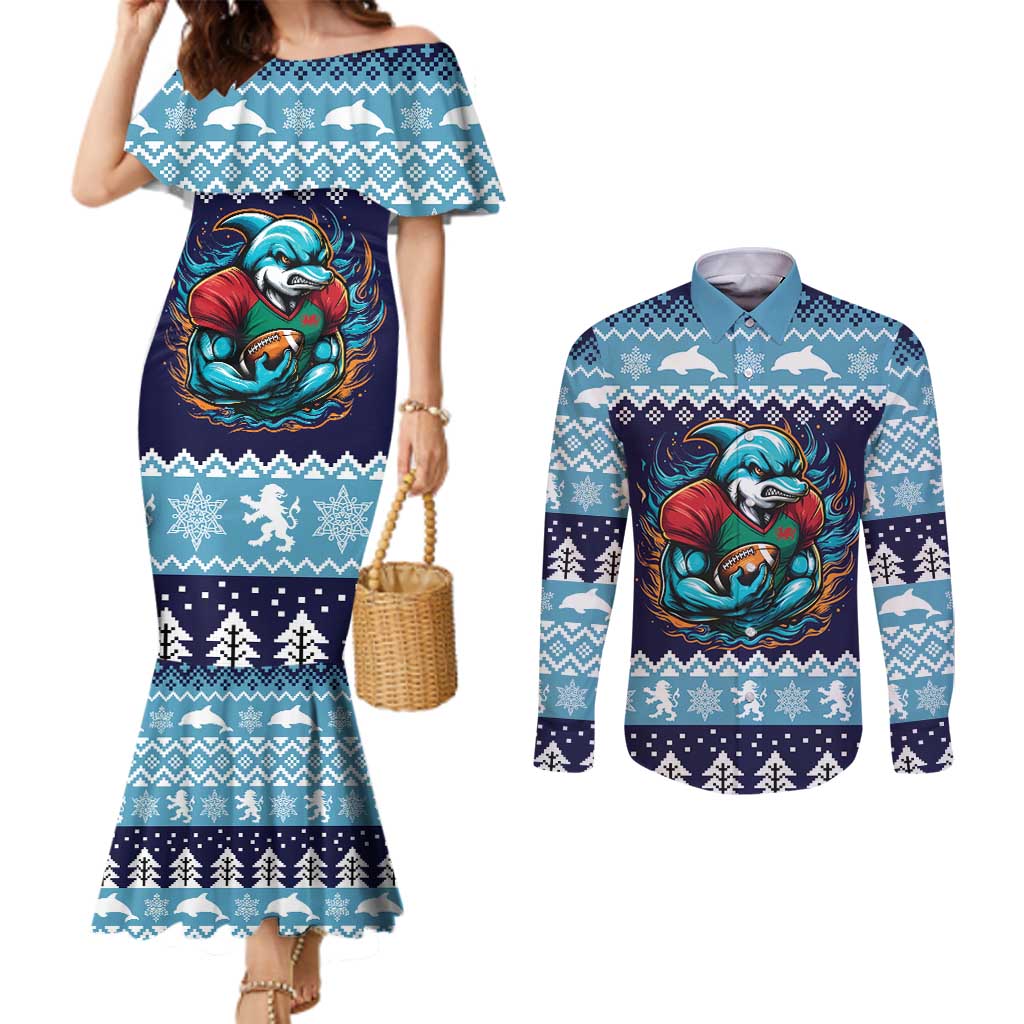 Cardiganshire Wales Christmas Couples Matching Mermaid Dress and Long Sleeve Button Shirt Cardigan Bay Dolphin Rugby Design - Wonder Print Shop