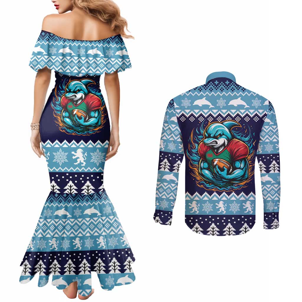 Cardiganshire Wales Christmas Couples Matching Mermaid Dress and Long Sleeve Button Shirt Cardigan Bay Dolphin Rugby Design - Wonder Print Shop