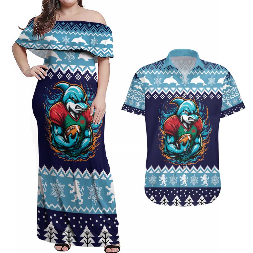 Cardiganshire Wales Christmas Couples Matching Off Shoulder Maxi Dress and Hawaiian Shirt Cardigan Bay Dolphin Rugby Design - Wonder Print Shop
