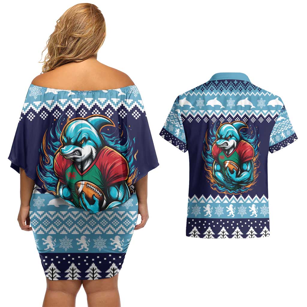 Cardiganshire Wales Christmas Couples Matching Off Shoulder Short Dress and Hawaiian Shirt Cardigan Bay Dolphin Rugby Design - Wonder Print Shop