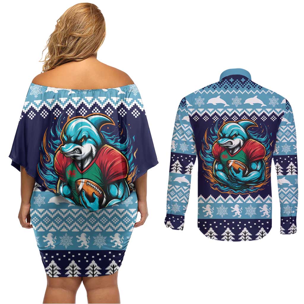 Cardiganshire Wales Christmas Couples Matching Off Shoulder Short Dress and Long Sleeve Button Shirt Cardigan Bay Dolphin Rugby Design - Wonder Print Shop