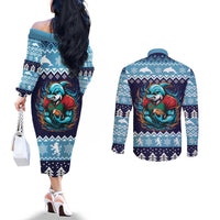 Cardiganshire Wales Christmas Couples Matching Off The Shoulder Long Sleeve Dress and Long Sleeve Button Shirt Cardigan Bay Dolphin Rugby Design - Wonder Print Shop