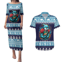 Cardiganshire Wales Christmas Couples Matching Puletasi and Hawaiian Shirt Cardigan Bay Dolphin Rugby Design - Wonder Print Shop