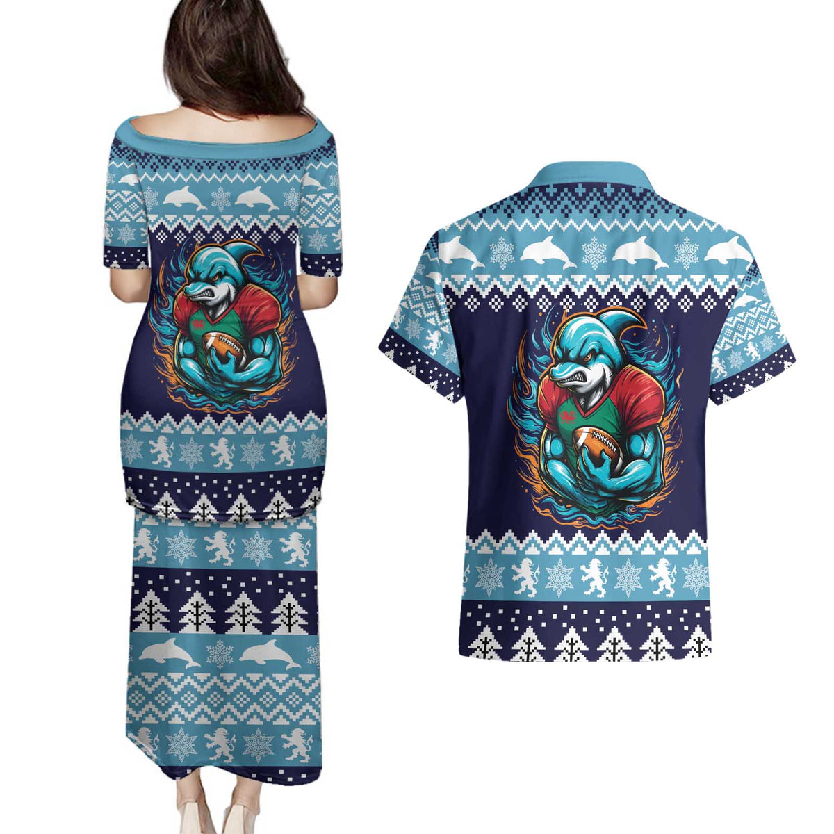 Cardiganshire Wales Christmas Couples Matching Puletasi and Hawaiian Shirt Cardigan Bay Dolphin Rugby Design - Wonder Print Shop