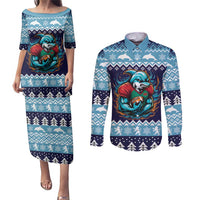 Cardiganshire Wales Christmas Couples Matching Puletasi and Long Sleeve Button Shirt Cardigan Bay Dolphin Rugby Design - Wonder Print Shop