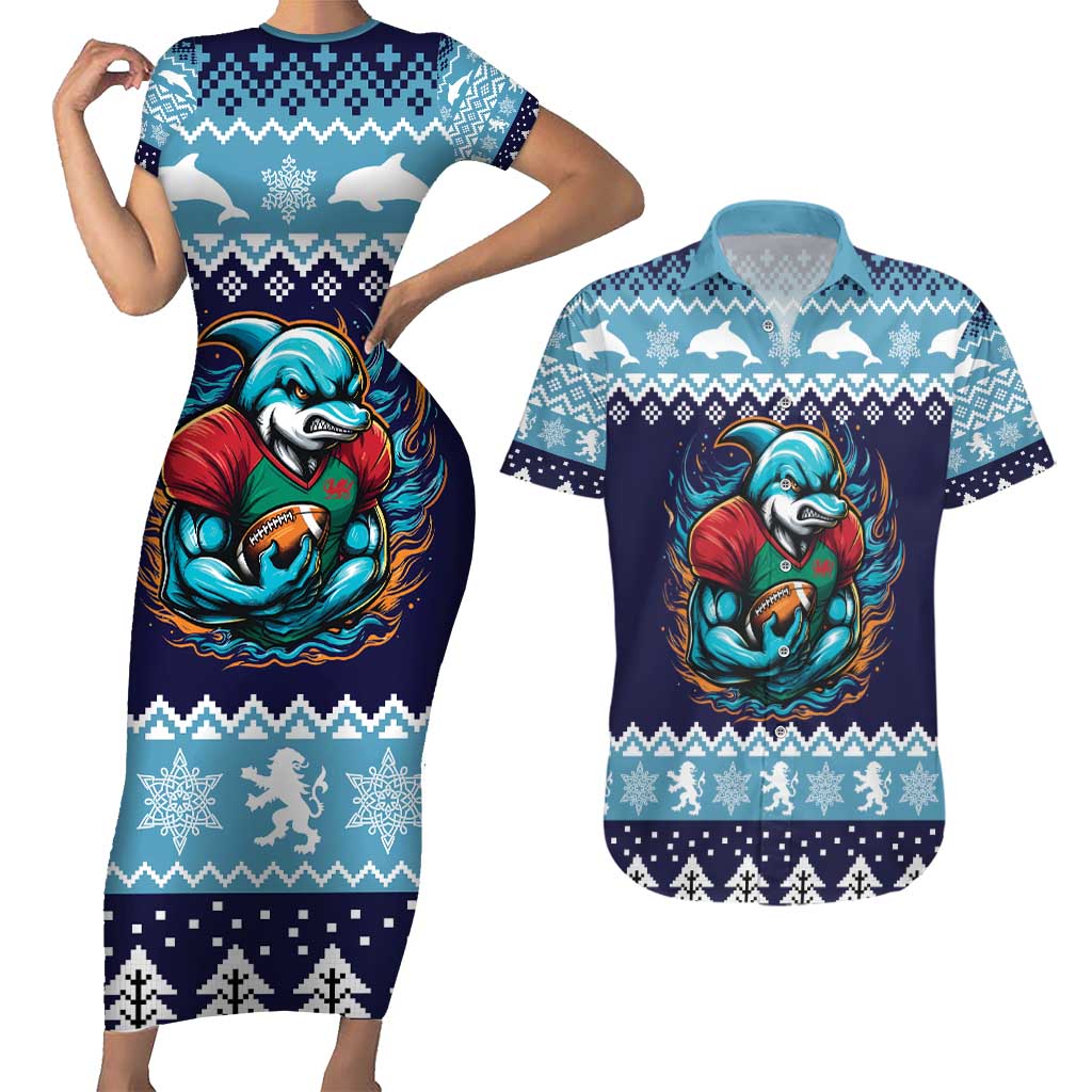 Cardiganshire Wales Christmas Couples Matching Short Sleeve Bodycon Dress and Hawaiian Shirt Cardigan Bay Dolphin Rugby Design - Wonder Print Shop