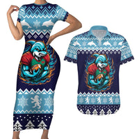Cardiganshire Wales Christmas Couples Matching Short Sleeve Bodycon Dress and Hawaiian Shirt Cardigan Bay Dolphin Rugby Design - Wonder Print Shop