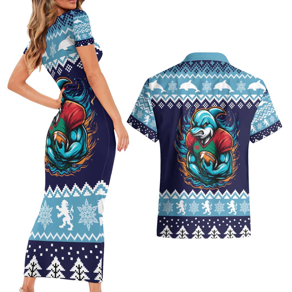 Cardiganshire Wales Christmas Couples Matching Short Sleeve Bodycon Dress and Hawaiian Shirt Cardigan Bay Dolphin Rugby Design - Wonder Print Shop