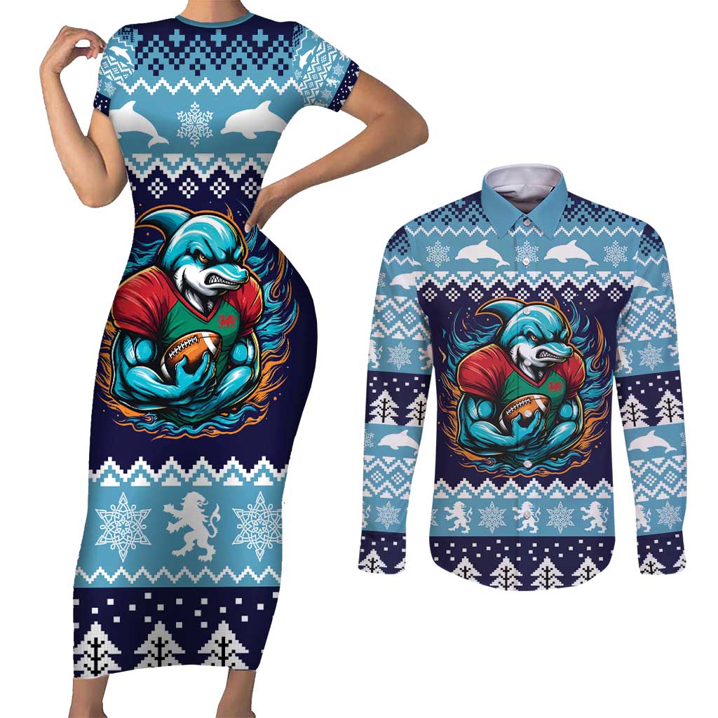 Cardiganshire Wales Christmas Couples Matching Short Sleeve Bodycon Dress and Long Sleeve Button Shirt Cardigan Bay Dolphin Rugby Design - Wonder Print Shop
