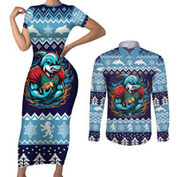 Cardiganshire Wales Christmas Couples Matching Short Sleeve Bodycon Dress and Long Sleeve Button Shirt Cardigan Bay Dolphin Rugby Design - Wonder Print Shop