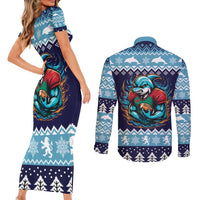 Cardiganshire Wales Christmas Couples Matching Short Sleeve Bodycon Dress and Long Sleeve Button Shirt Cardigan Bay Dolphin Rugby Design - Wonder Print Shop