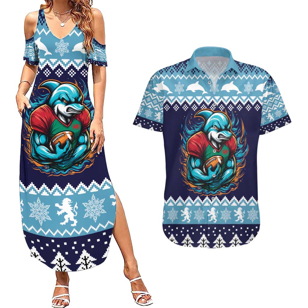 Cardiganshire Wales Christmas Couples Matching Summer Maxi Dress and Hawaiian Shirt Cardigan Bay Dolphin Rugby Design - Wonder Print Shop