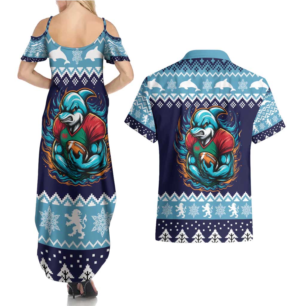 Cardiganshire Wales Christmas Couples Matching Summer Maxi Dress and Hawaiian Shirt Cardigan Bay Dolphin Rugby Design - Wonder Print Shop