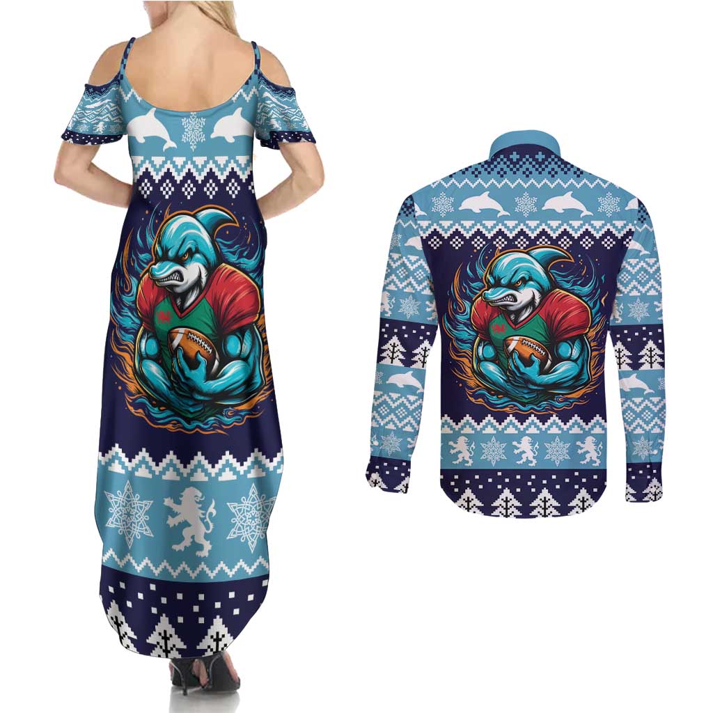 Cardiganshire Wales Christmas Couples Matching Summer Maxi Dress and Long Sleeve Button Shirt Cardigan Bay Dolphin Rugby Design - Wonder Print Shop