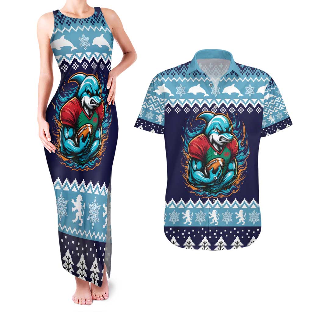 Cardiganshire Wales Christmas Couples Matching Tank Maxi Dress and Hawaiian Shirt Cardigan Bay Dolphin Rugby Design - Wonder Print Shop