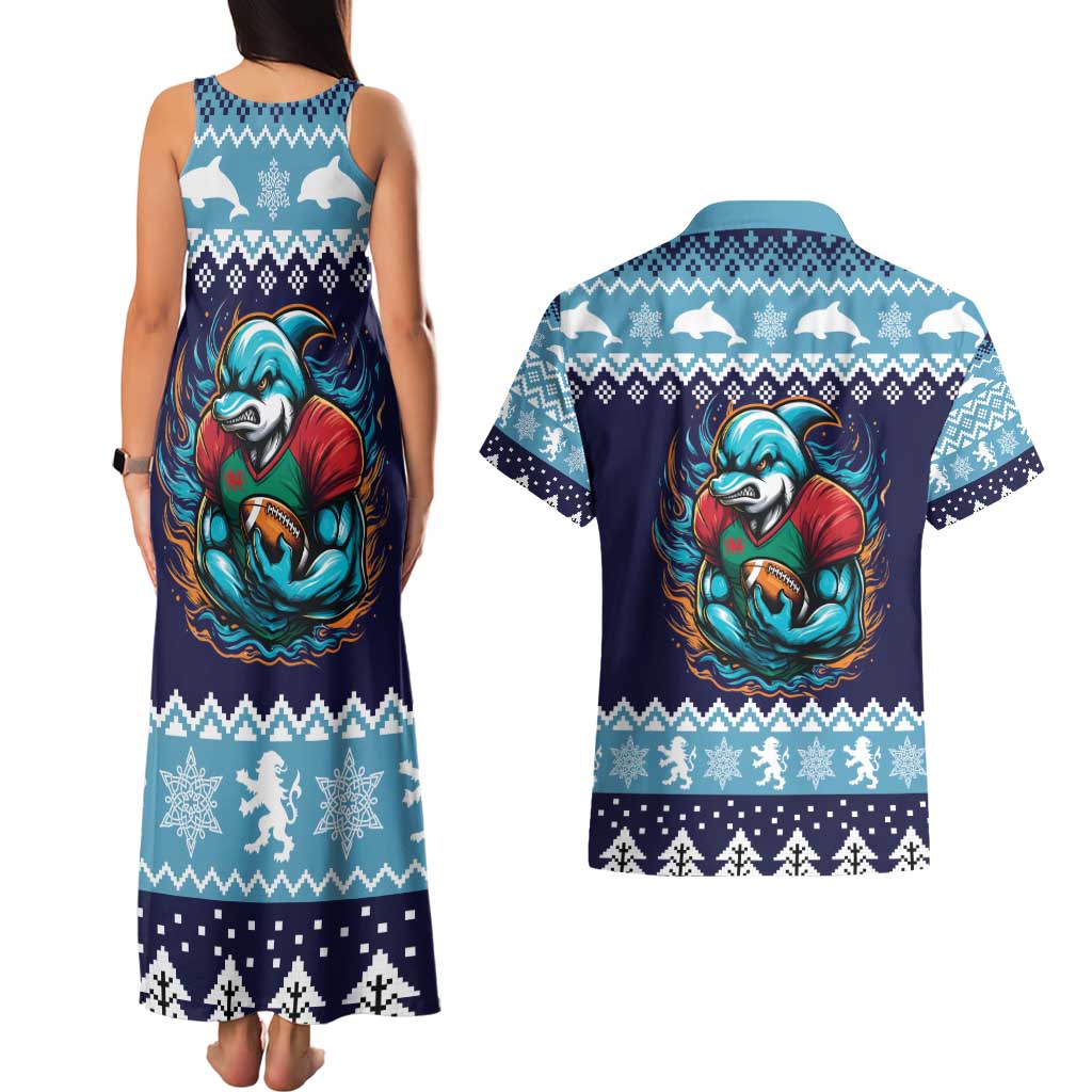 Cardiganshire Wales Christmas Couples Matching Tank Maxi Dress and Hawaiian Shirt Cardigan Bay Dolphin Rugby Design - Wonder Print Shop