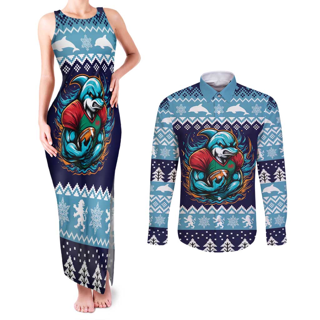 Cardiganshire Wales Christmas Couples Matching Tank Maxi Dress and Long Sleeve Button Shirt Cardigan Bay Dolphin Rugby Design - Wonder Print Shop