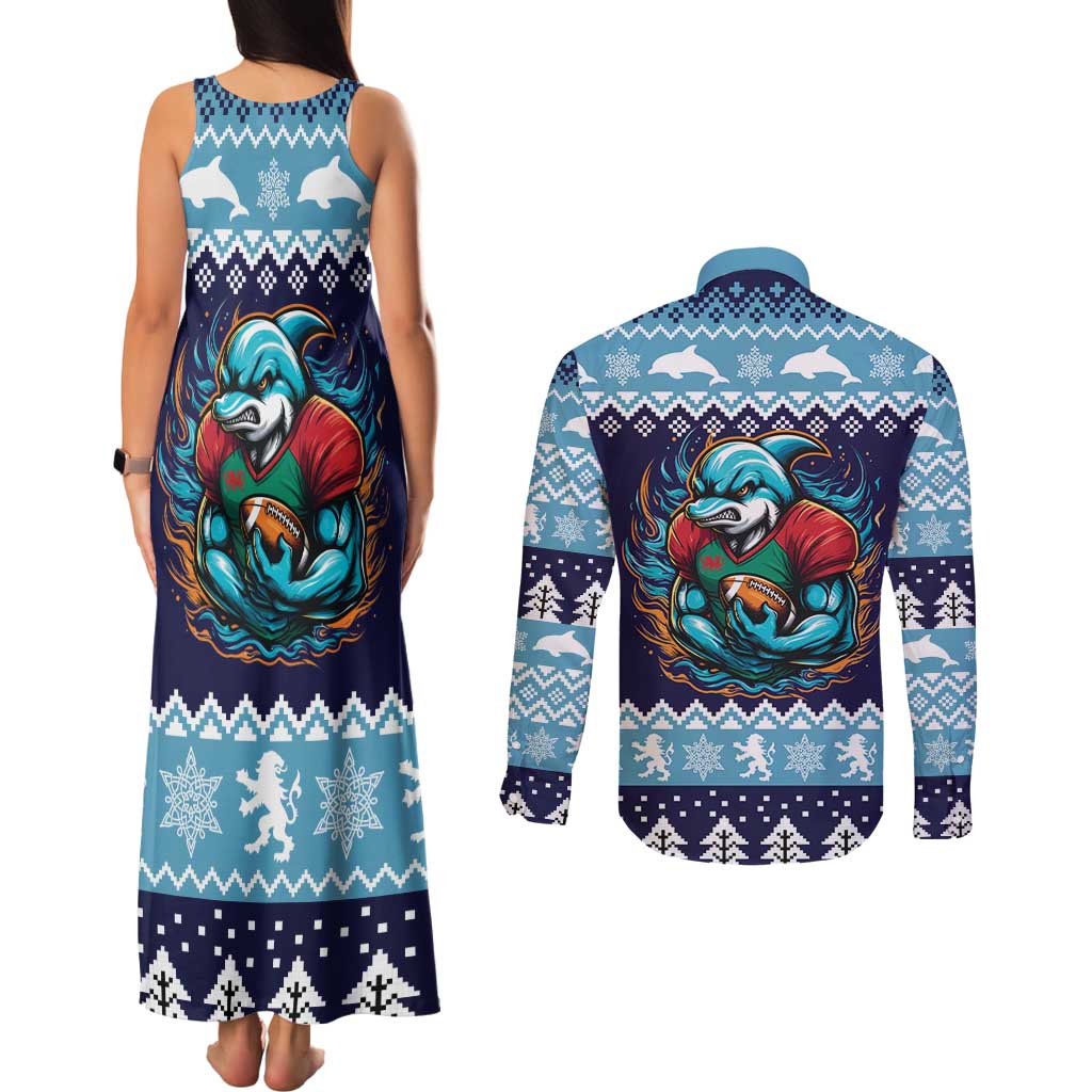 Cardiganshire Wales Christmas Couples Matching Tank Maxi Dress and Long Sleeve Button Shirt Cardigan Bay Dolphin Rugby Design - Wonder Print Shop