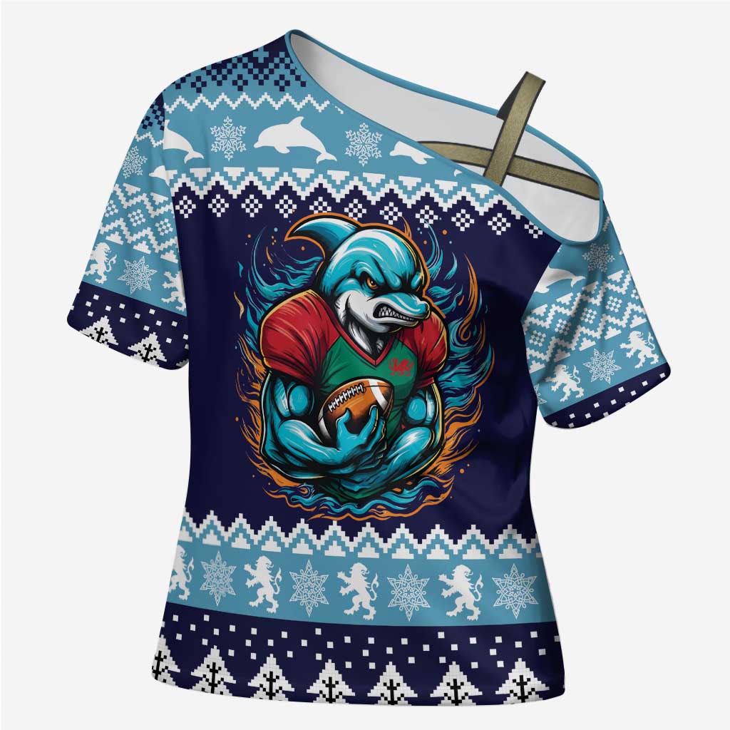 Cardiganshire Wales Christmas Cross Shoulder Shirt Cardigan Bay Dolphin Rugby Design - Wonder Print Shop