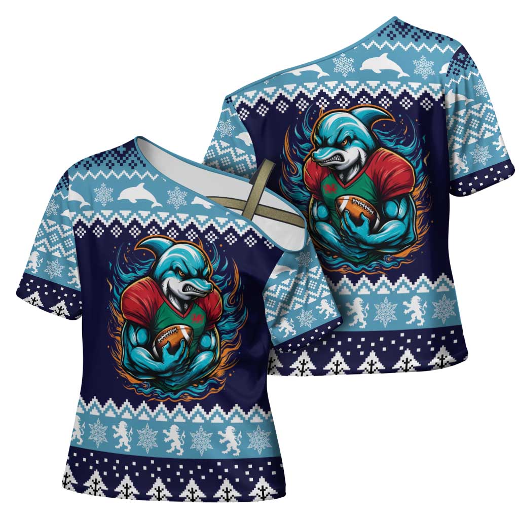 Cardiganshire Wales Christmas Cross Shoulder Shirt Cardigan Bay Dolphin Rugby Design - Wonder Print Shop