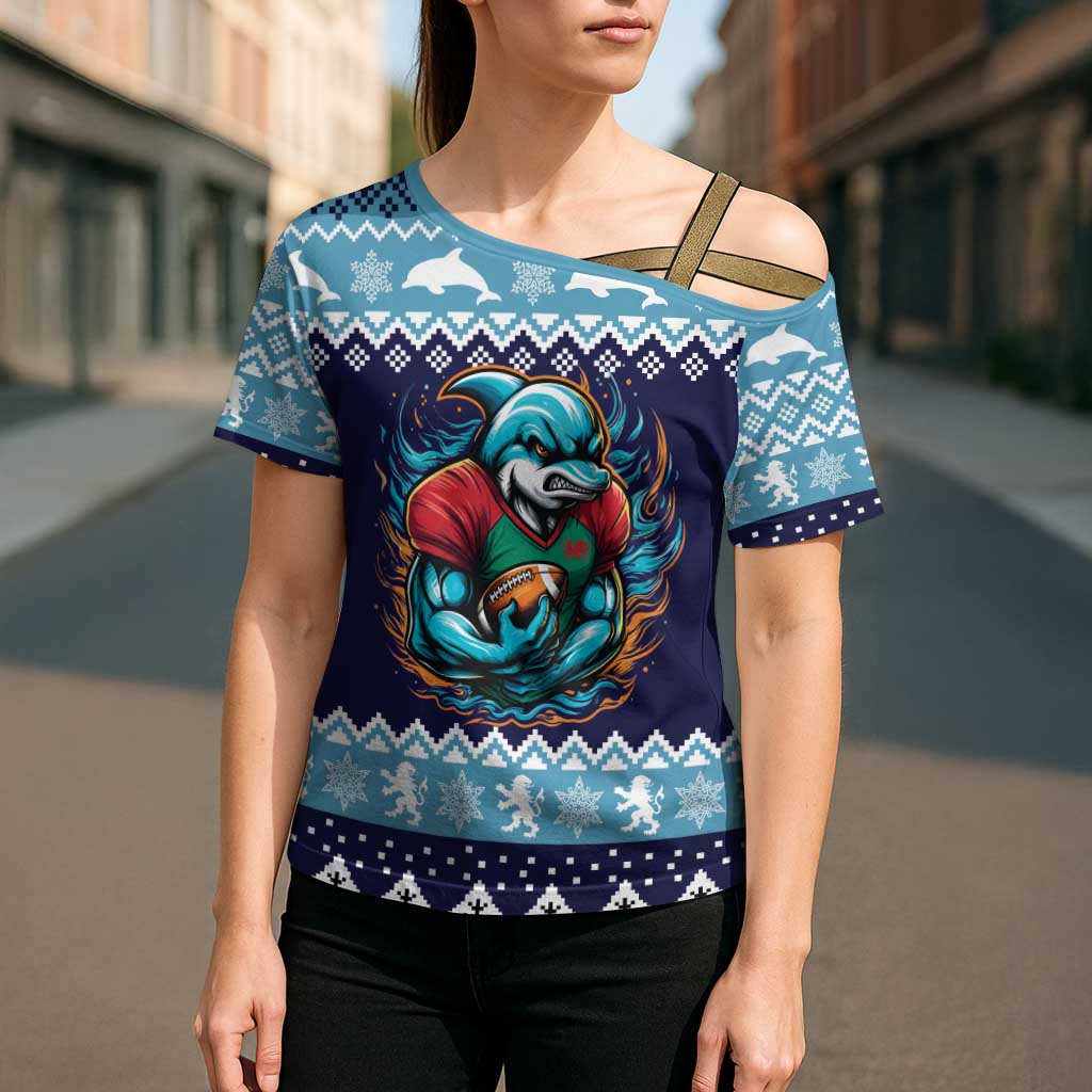Cardiganshire Wales Christmas Cross Shoulder Shirt Cardigan Bay Dolphin Rugby Design - Wonder Print Shop