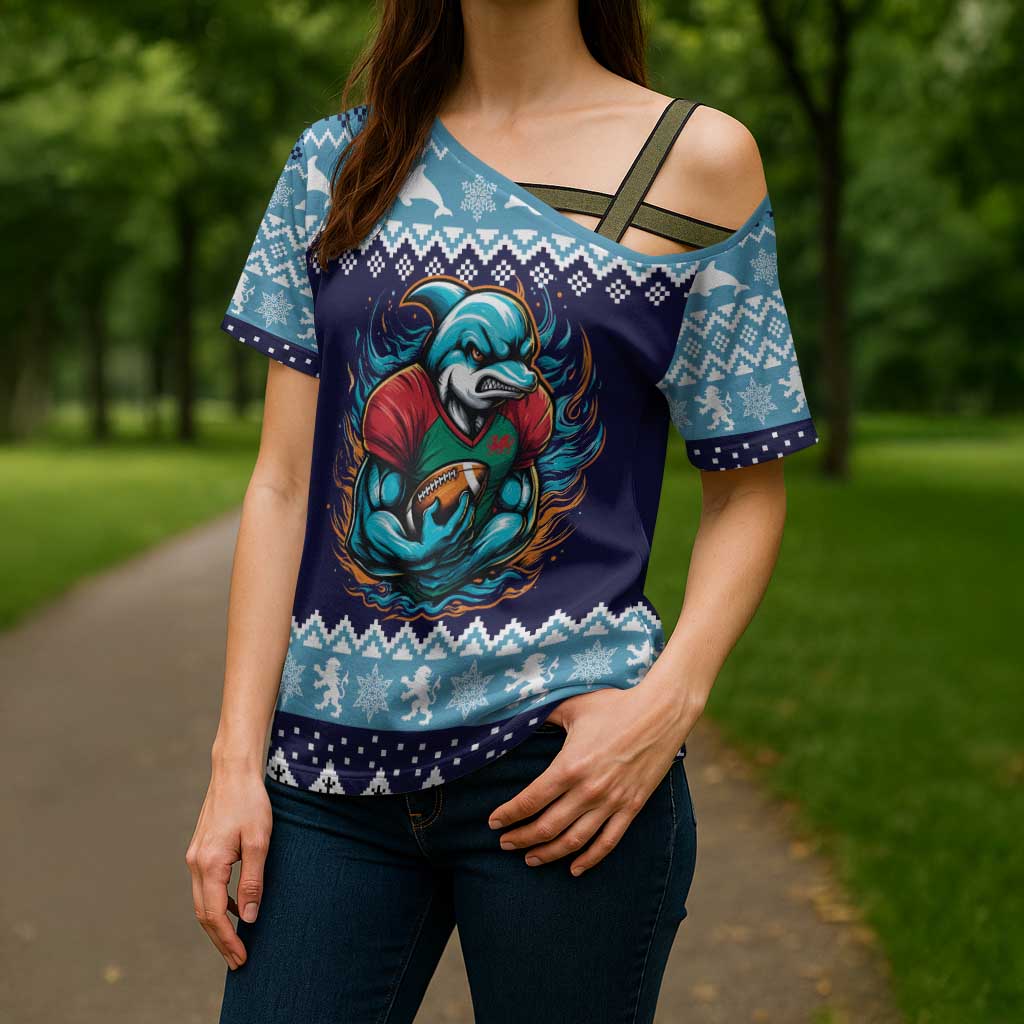 Cardiganshire Wales Christmas Cross Shoulder Shirt Cardigan Bay Dolphin Rugby Design - Wonder Print Shop